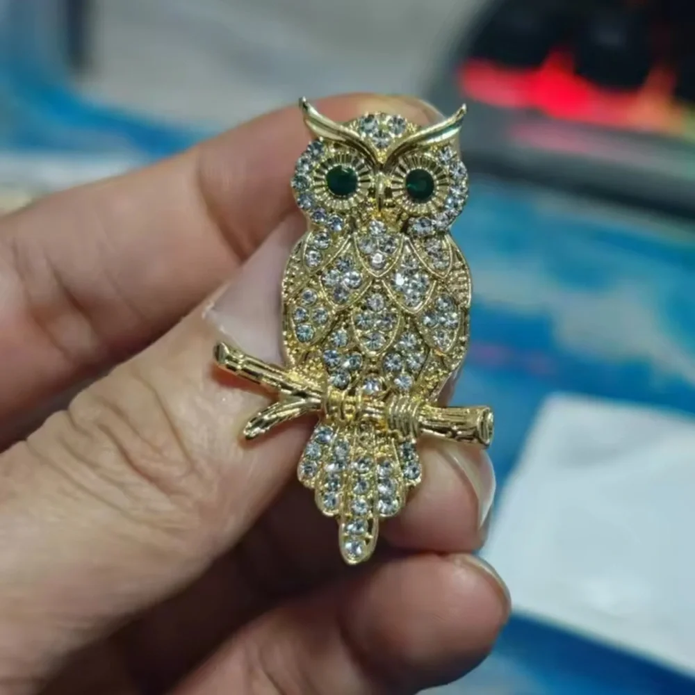 Golden Owl Crystal Emerald Eyes Brooch